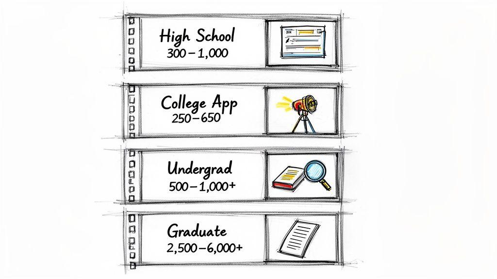 Infographic outlining recommended essay word counts for high school, college app, undergrad, and graduate levels.