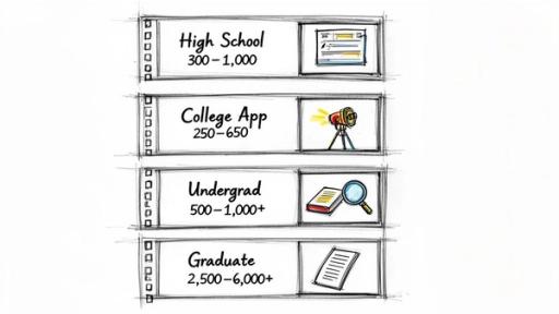 Infographic outlining recommended essay word counts for high school, college app, undergrad, and graduate levels.