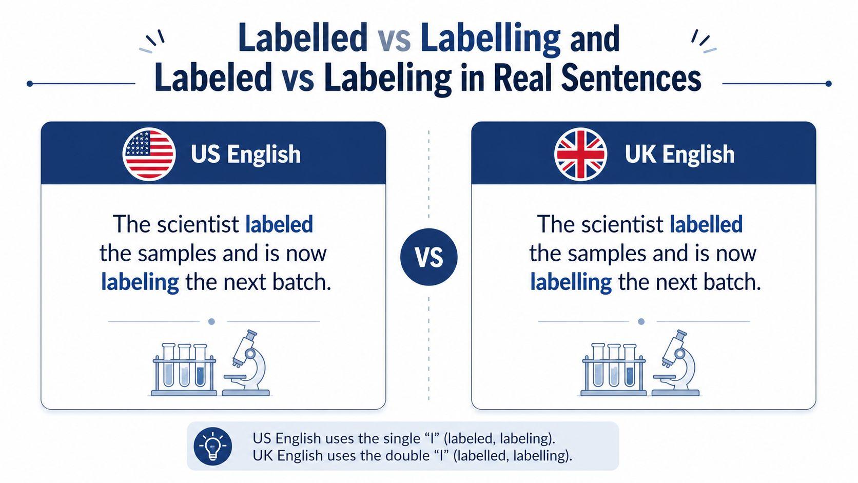 A comparison chart showing the spelling differences between US English labeled and UK English labelled versions.