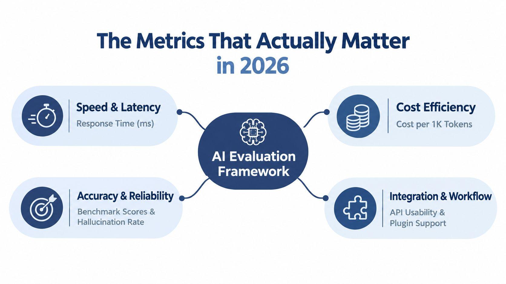 A diagram illustrating four key metrics for AI evaluation in 2026: latency, cost, accuracy, and integration.
