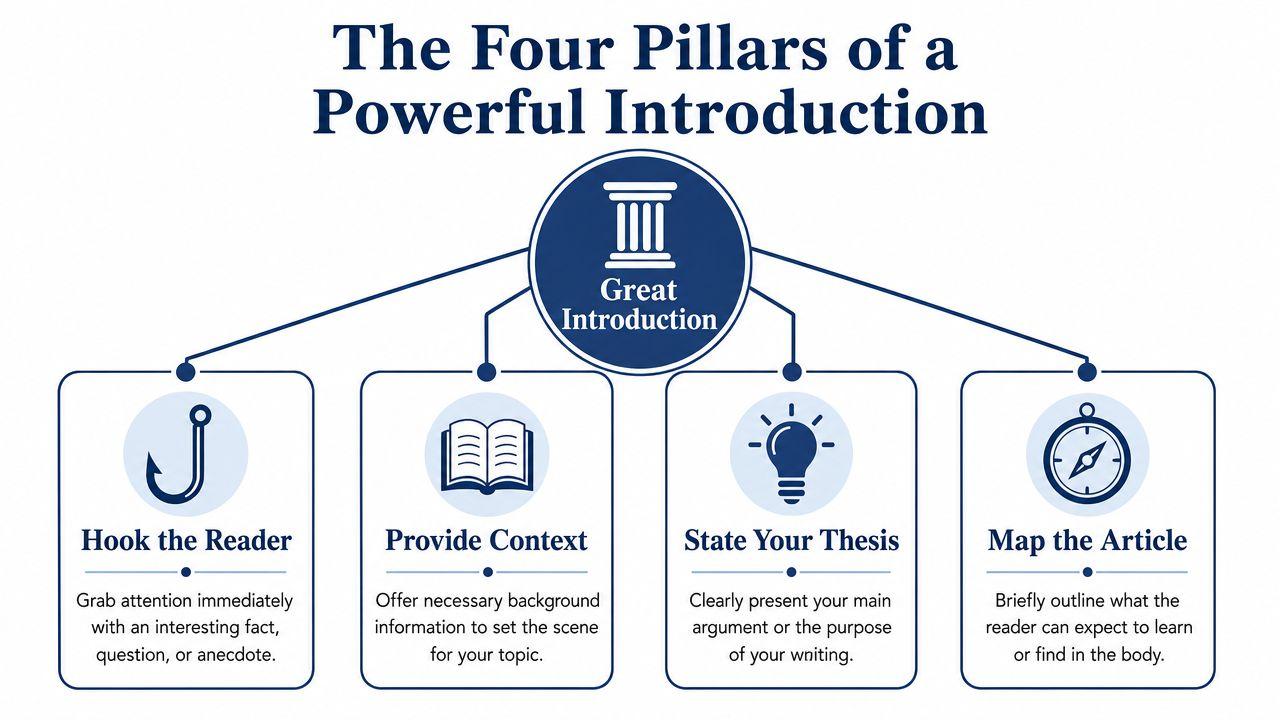A diagram illustrating the four essential pillars for writing a powerful introduction: hook, context, thesis, and mapping.