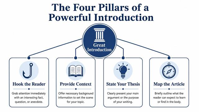 A diagram illustrating the four essential pillars for writing a powerful introduction: hook, context, thesis, and mapping.