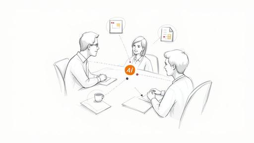 Sketch of three business professionals in a meeting, with an 'Ai' logo symbolizing their interaction with artificial intelligence for data.