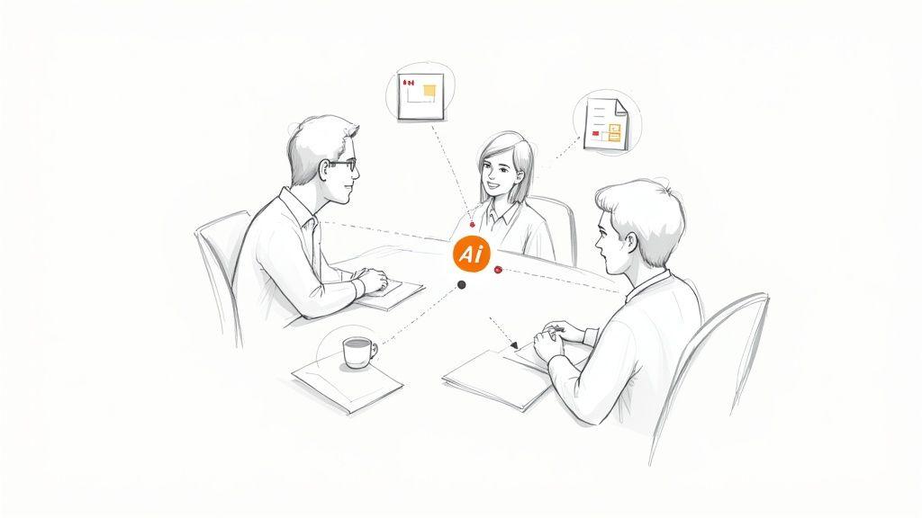 Sketch of three business professionals in a meeting, with an 'Ai' logo symbolizing their interaction with artificial intelligence for data.