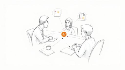 Sketch of three business professionals in a meeting, with an 'Ai' logo symbolizing their interaction with artificial intelligence for data.