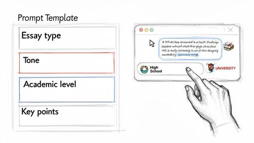 Sketched AI essay generator interface showing a prompt template and academic level selection.