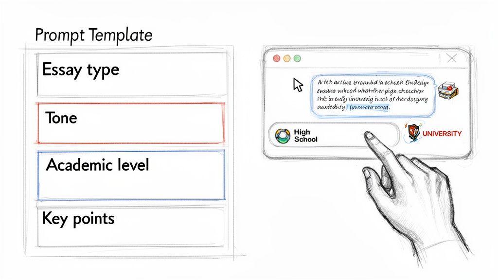 Sketched AI essay generator interface showing a prompt template and academic level selection.