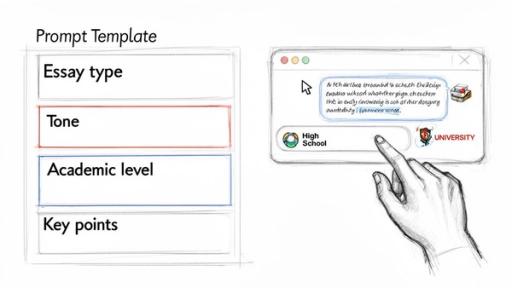 Sketched AI essay generator interface showing a prompt template and academic level selection.