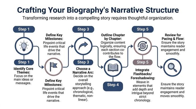 A flowchart infographic titled Crafting Your Biography's Narrative Structure explaining steps for organizing a biographical story.