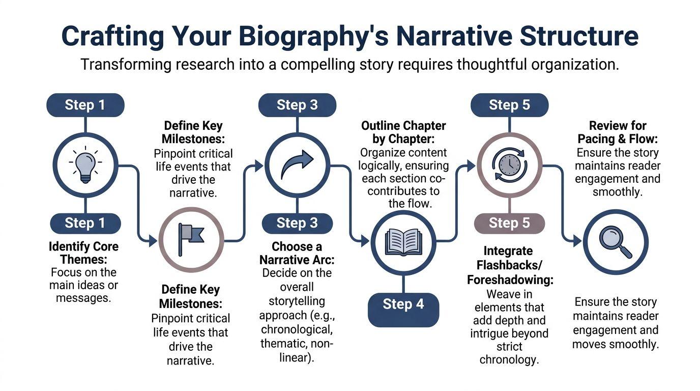 A flowchart infographic titled Crafting Your Biography's Narrative Structure explaining steps for organizing a biographical story.
