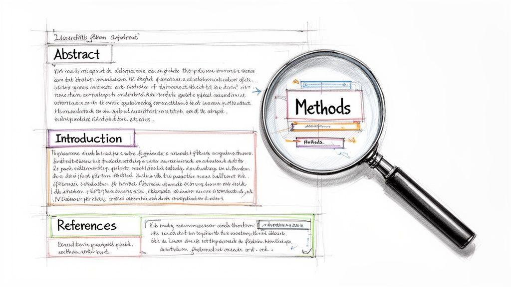 A magnifying glass inspecting sections of a scientific paper document including Abstract, Introduction, and References.