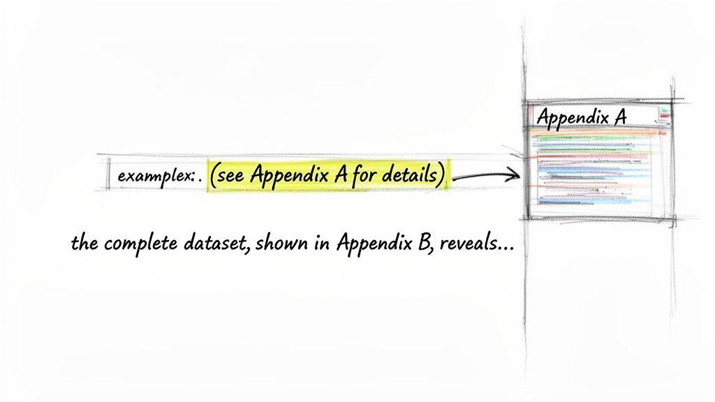 An illustration showing text referencing Appendix A for details, with an arrow pointing to an Appendix A document.
