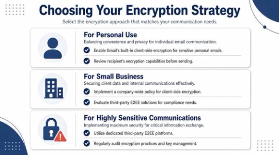 A guide infographic titled Choosing Your Encryption Strategy outlining encryption methods for personal, business, and sensitive use.