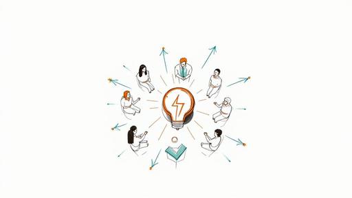Diverse group collaborates around a central lightbulb, symbolizing innovation, ideas, and shared knowledge.