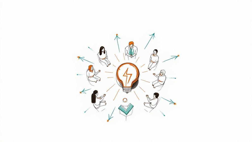 Diverse group collaborates around a central lightbulb, symbolizing innovation, ideas, and shared knowledge.