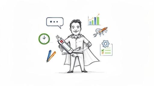 A cartoon man in a cape holding a multi-tool, surrounded by business icons like charts, clocks, and a checklist.