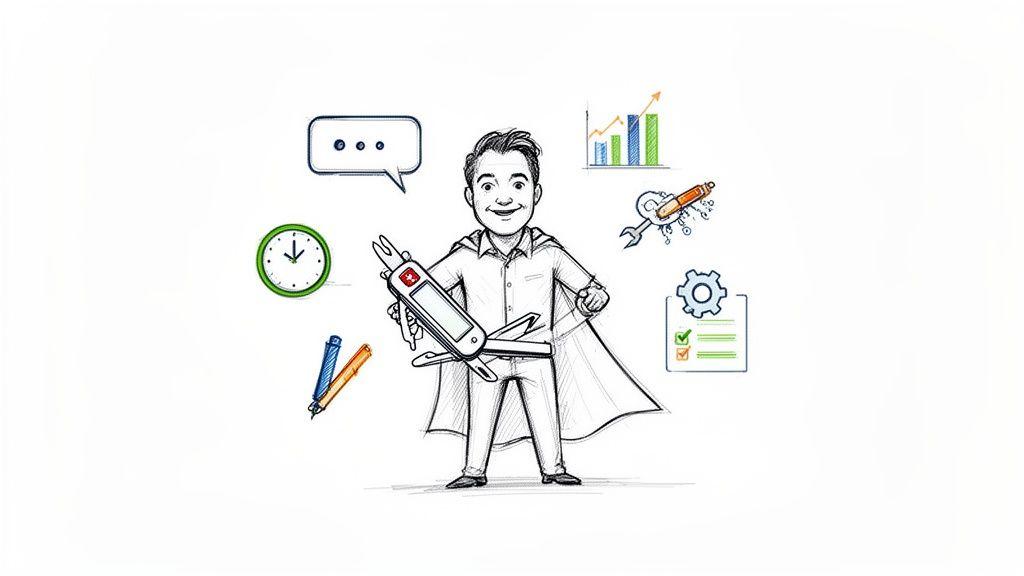 A cartoon man in a cape holding a multi-tool, surrounded by business icons like charts, clocks, and a checklist.