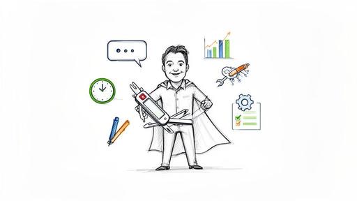 A cartoon man in a cape holding a multi-tool, surrounded by business icons like charts, clocks, and a checklist.