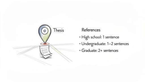 A sketch of a map pin labeled 'Thesis' with a list of recommended reference lengths by education level.