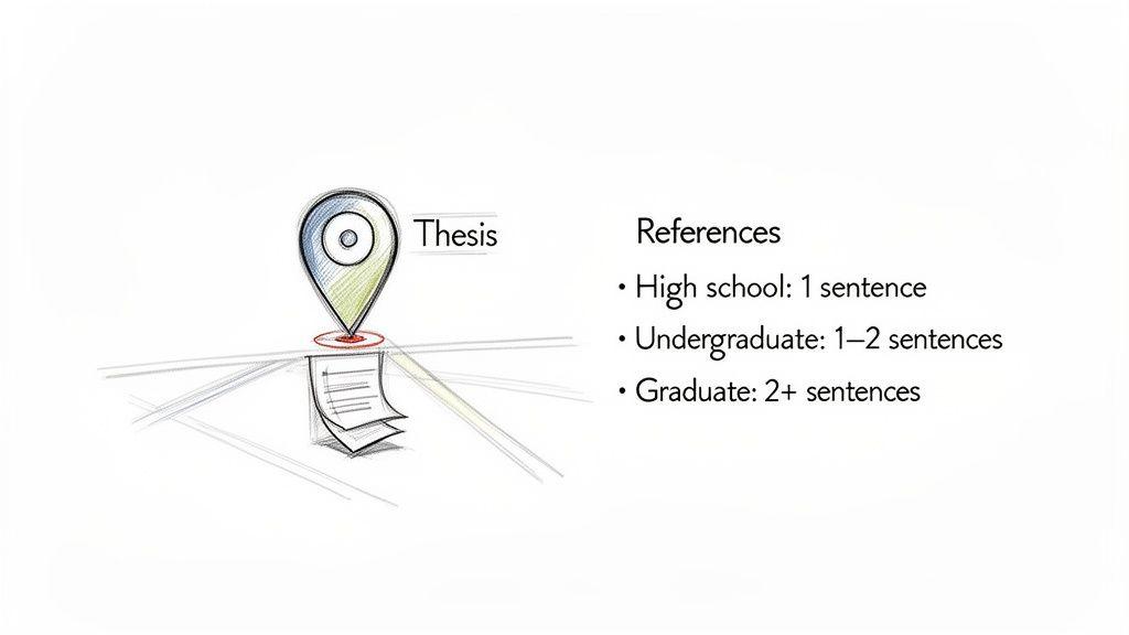 A sketch of a map pin labeled 'Thesis' with a list of recommended reference lengths by education level.