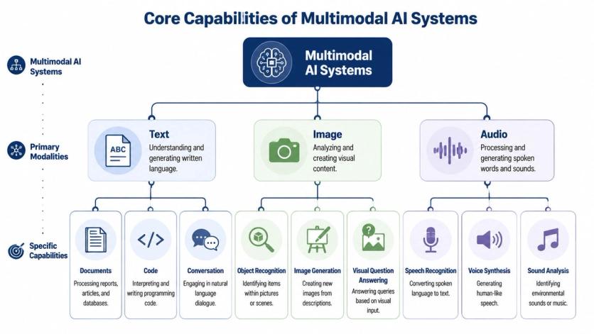 A diagram illustrating the core capabilities of multimodal AI systems, including text, image, and audio processing tasks.