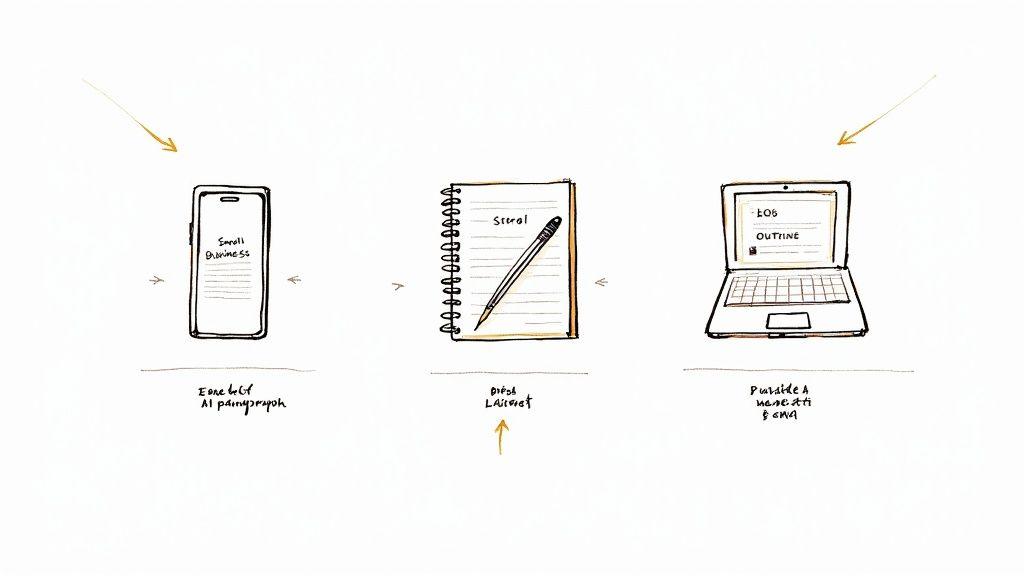 A person sitting at a desk with a laptop, using an AI paragraph writer to generate text for various projects, with icons for social media, essays, and blogs floating around the screen.