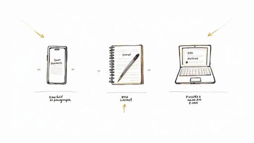 A person sitting at a desk with a laptop, using an AI paragraph writer to generate text for various projects, with icons for social media, essays, and blogs floating around the screen.