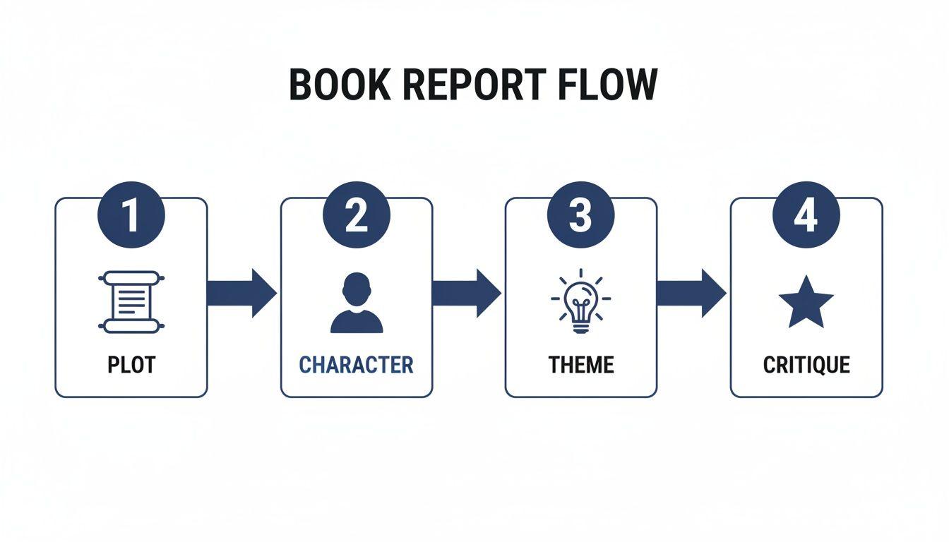 A flowchart outlining the four key steps for a book report: Plot, Character, Theme, and Critique.