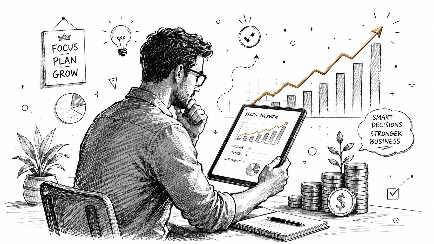 A professional man analyzing business growth and profit charts on a tablet in an office setting.