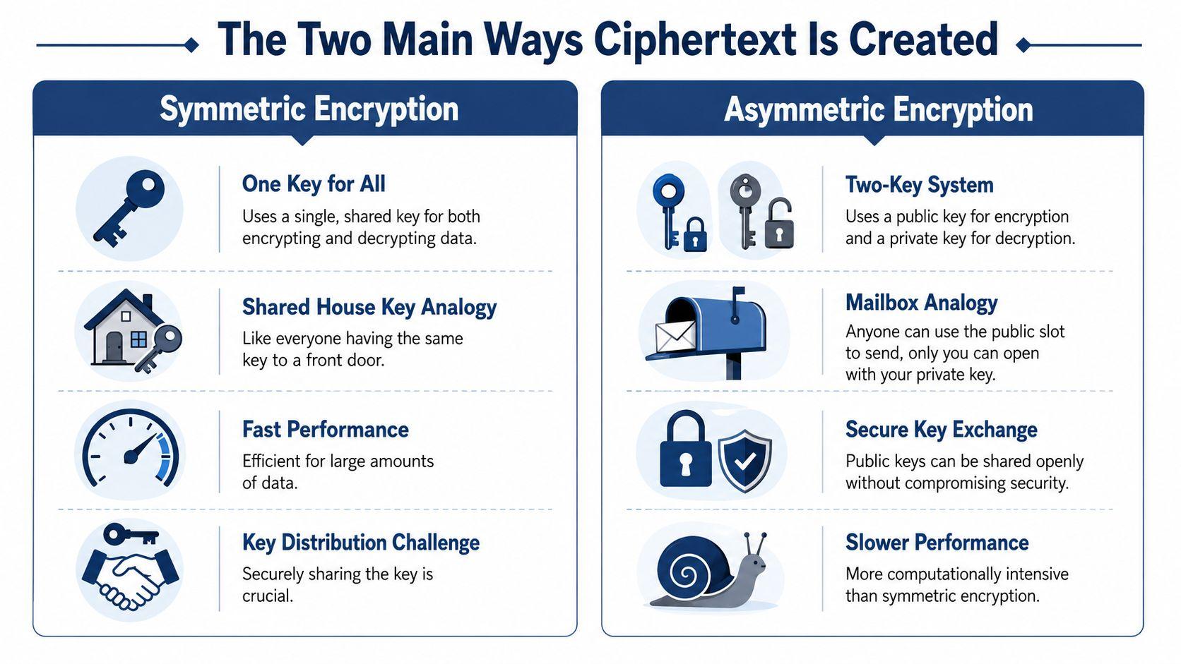 A comparison chart highlighting the differences between symmetric and asymmetric encryption methods for data security.