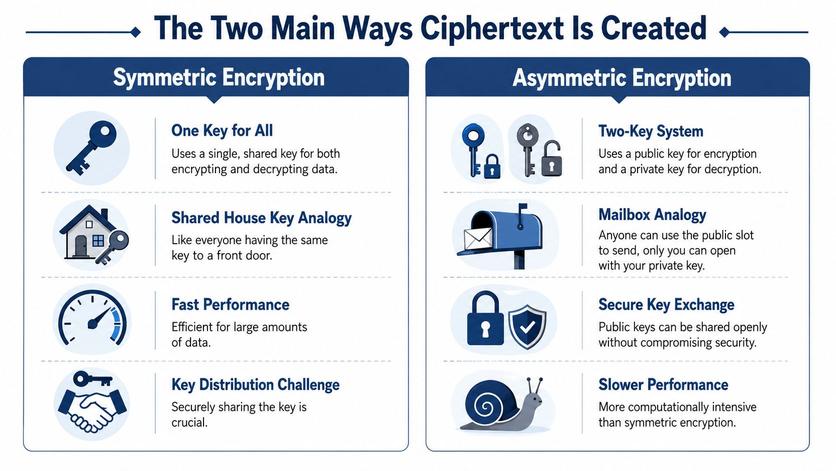 A comparison chart highlighting the differences between symmetric and asymmetric encryption methods for data security.