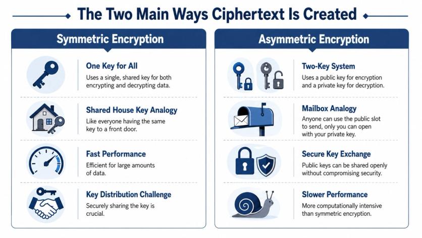 A comparison chart highlighting the differences between symmetric and asymmetric encryption methods for data security.