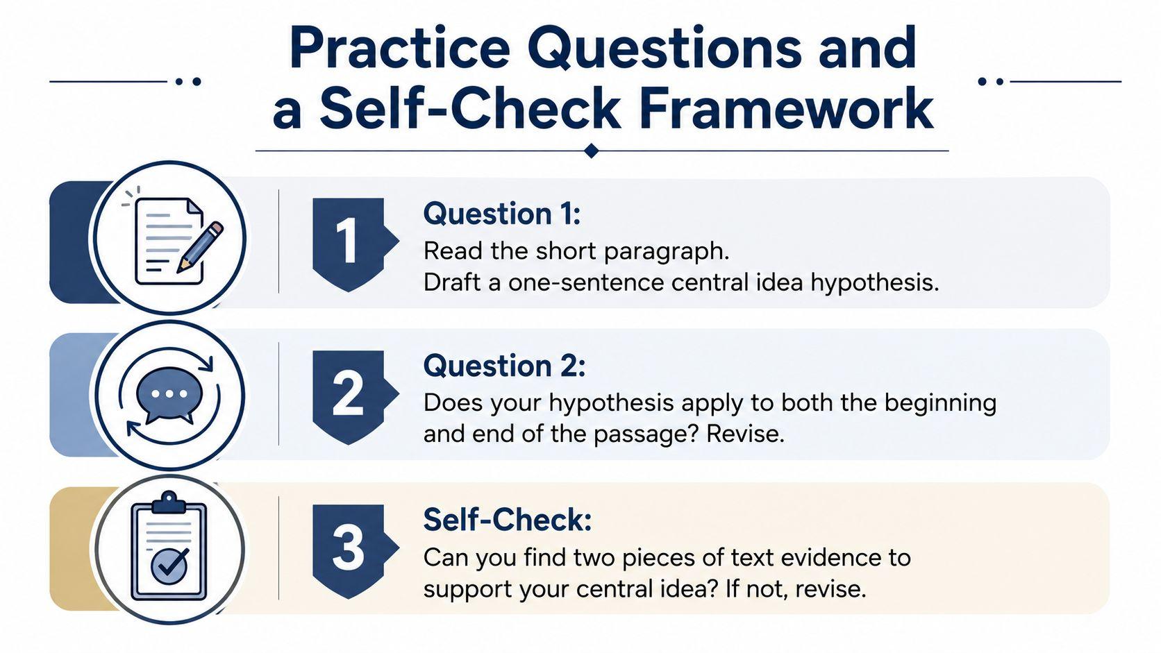 A graphic titled Practice Questions and a Self-Check Framework with three numbered steps for identifying central ideas.