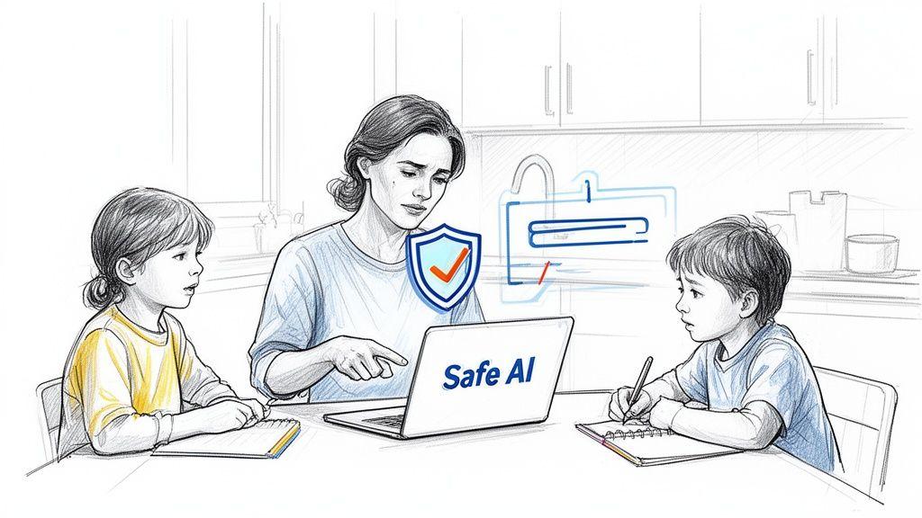 A mother shows a laptop displaying 'Safe AI' and a shield icon to two children, emphasizing digital safety.