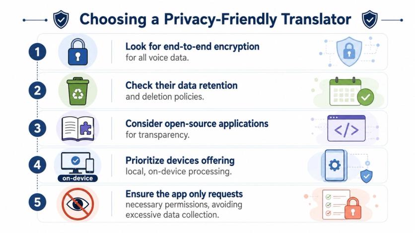An infographic showing five tips for choosing a privacy-friendly voice translation application to protect user data.