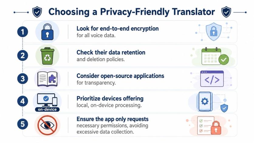 An infographic showing five tips for choosing a privacy-friendly voice translation application to protect user data.
