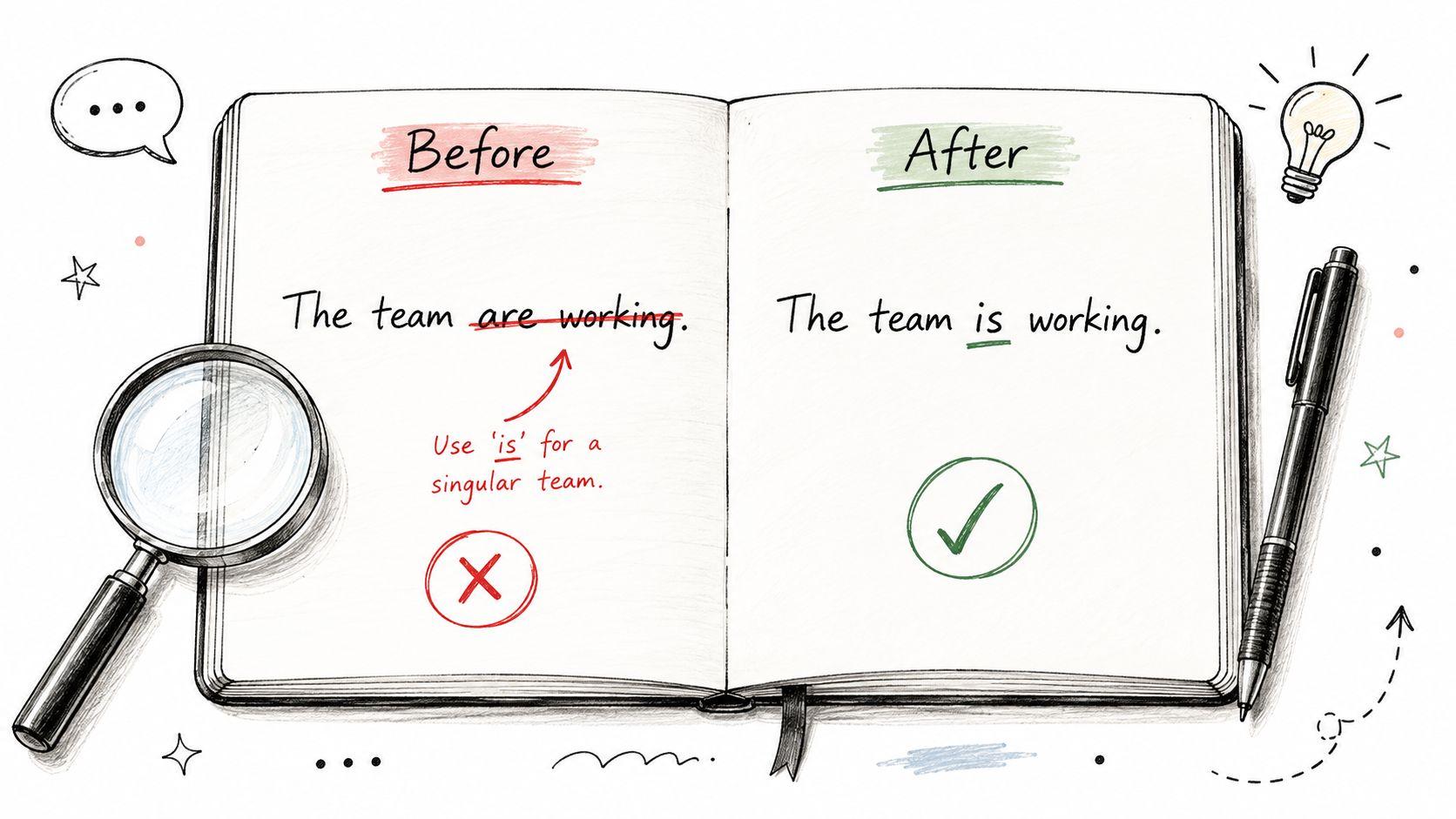 An open notebook showing the correct grammar usage of the collective noun team as singular.