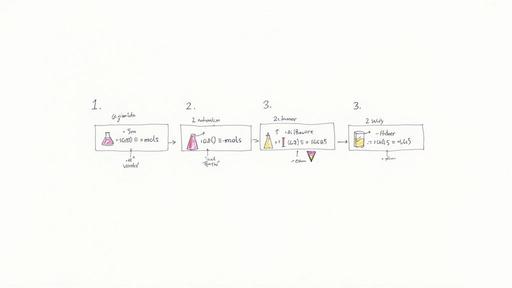 Hand-drawn chemistry experiment flowchart showing steps with flasks, beakers, and related calculations.