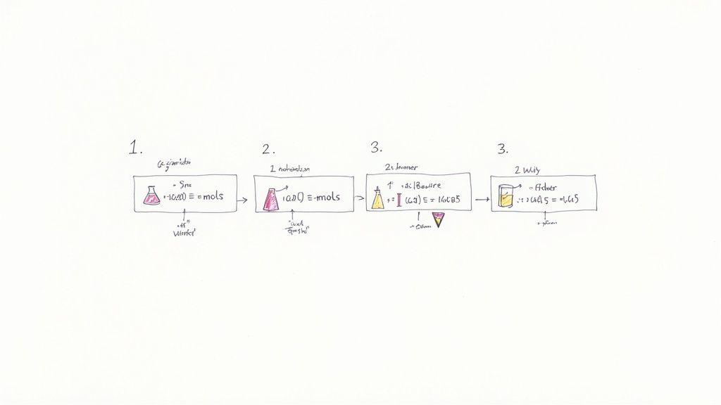 Hand-drawn chemistry experiment flowchart showing steps with flasks, beakers, and related calculations.