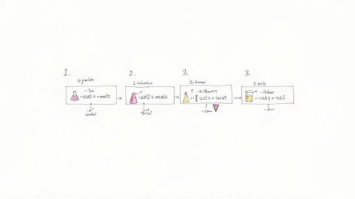 Hand-drawn chemistry experiment flowchart showing steps with flasks, beakers, and related calculations.