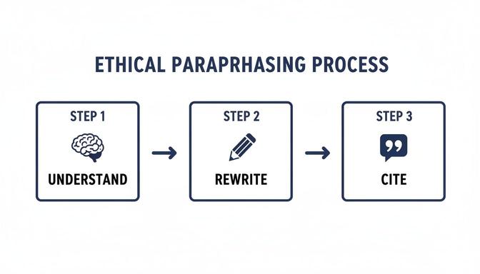A three-step diagram illustrates the ethical paraphrasing process: Understand, Rewrite, Cite.