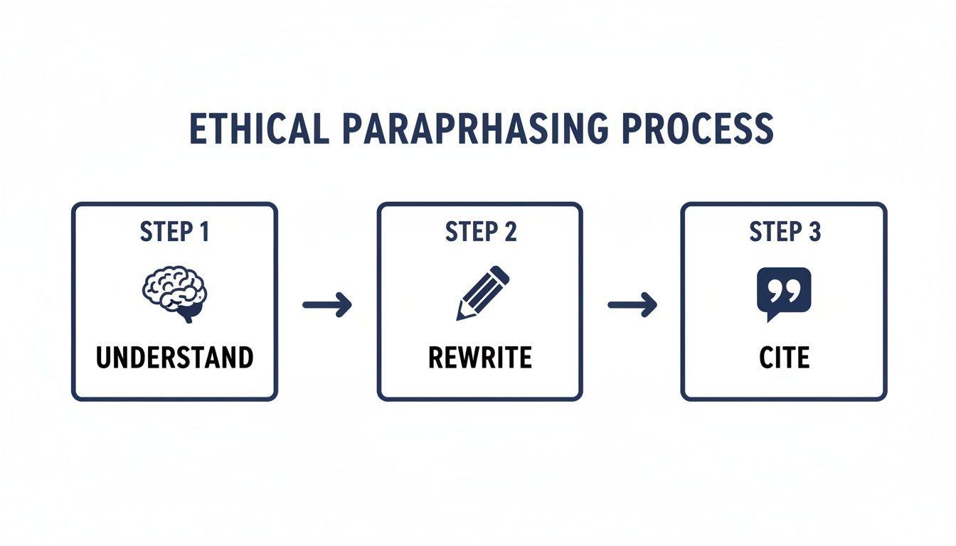 A three-step diagram illustrates the ethical paraphrasing process: Understand, Rewrite, Cite.