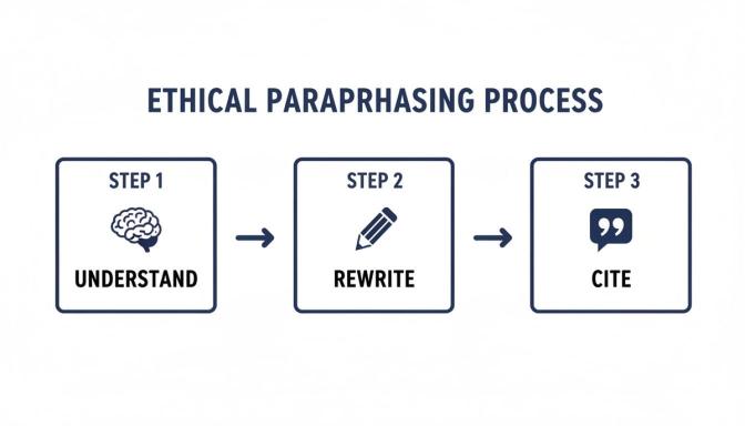 A three-step diagram illustrates the ethical paraphrasing process: Understand, Rewrite, Cite.