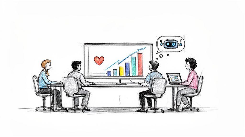 Four people analyze a growth chart with a heart and an AI robot in a business meeting, focused on strategy.