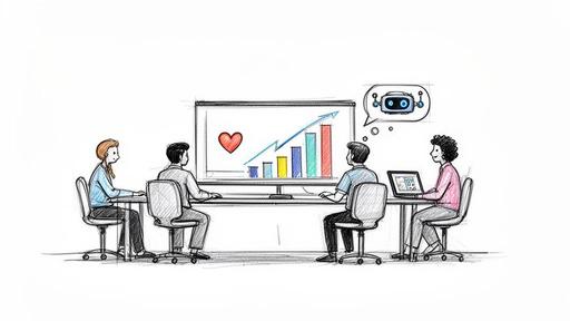 Four people analyze a growth chart with a heart and an AI robot in a business meeting, focused on strategy.