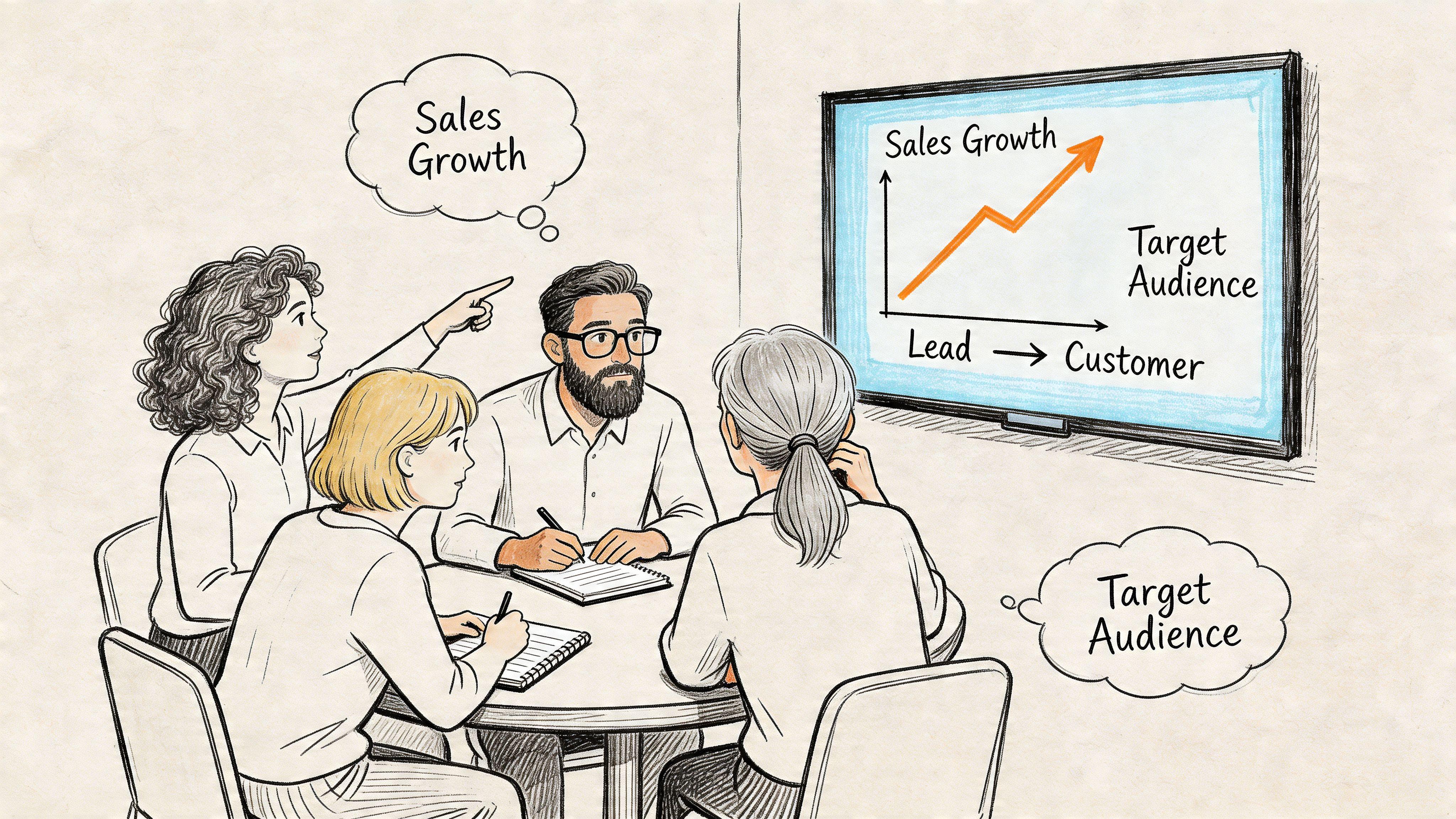 A professional team sitting at a table discussing sales growth strategies and target audience in an office.