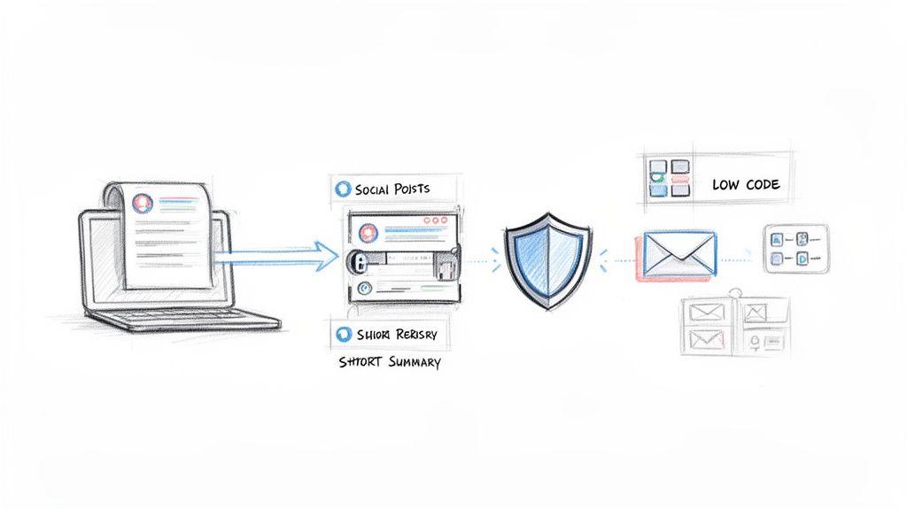 Diagram illustrating a workflow: content from a laptop to social posts, secured, and distributed via email and low-code apps.