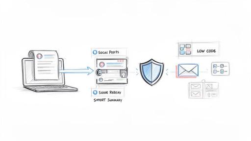 Diagram illustrating a workflow: content from a laptop to social posts, secured, and distributed via email and low-code apps.