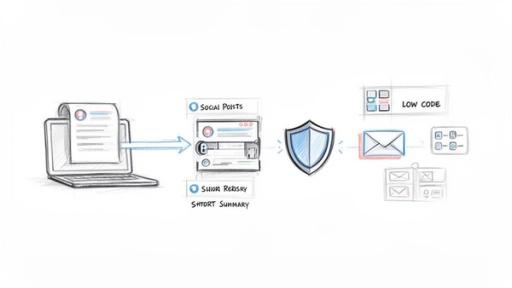Diagram illustrating a workflow: content from a laptop to social posts, secured, and distributed via email and low-code apps.
