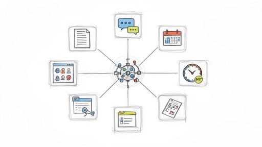 A central hub connects various business application icons: document, chat, calendar, clock, users, security, tasks, and data, illustrating integrated workflow.
